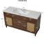 Meuble-lavabo de 60 po avec lavabo SMC, grande armoire de rangement moderne avec tiroirs à fermeture en douceur et portes en rotin, boutons en métal argenté et 5 pieds en pin, brun