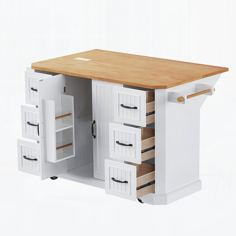 56 Inch Kitchen Island With Rubber Wood Veneer Drop Leaf, Power Outlet, 4 Door Shelves, Embossed Vertical Stripe Rolling Kitchen Cart On 4 Wheels With 6 Deep Drawers