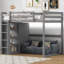 Lit mezzanine pleine grandeur pour chambre à coucher, bois massif gris ardoise avec garde-robe intégrée, tablettes de rangement et éclairage DEL