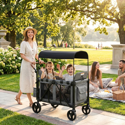3 in 1 Foldable Double Wagon Stroller With Conopy – 200lb Capacity,Gray
