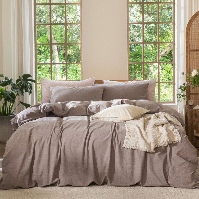 Ensemble de housse de couette légère avec fermeture à glissière 8 attaches 100% coton lavé MooMee, Mauve / brun
