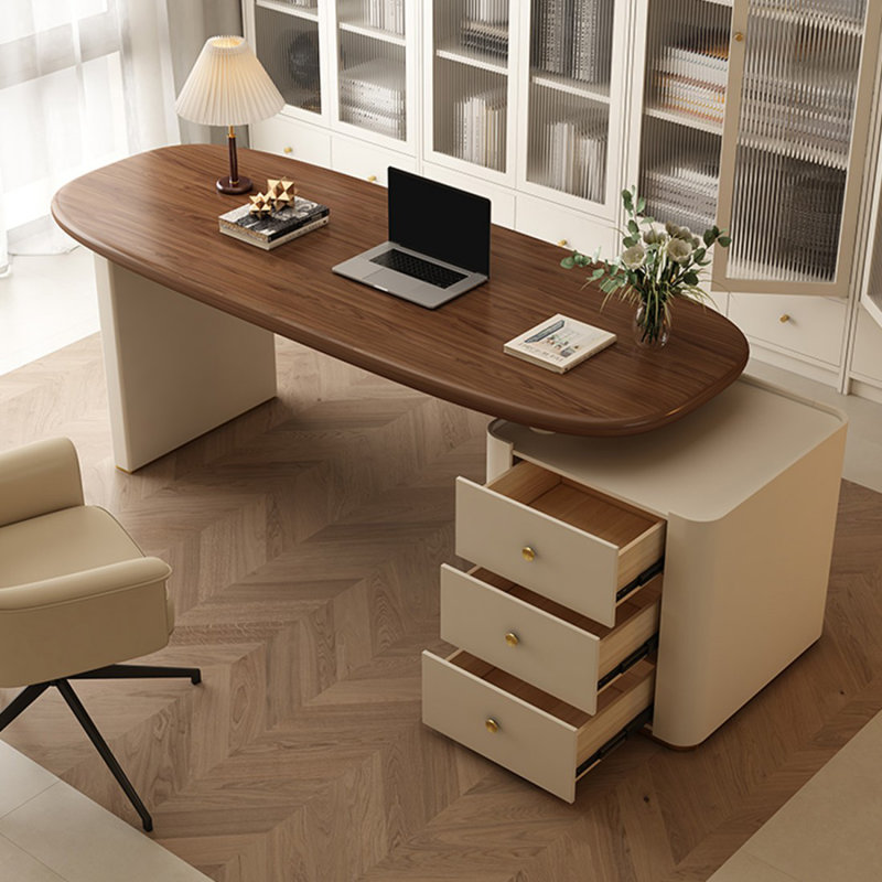 Bureau rectangulaire à 3 tiroirs en bois manufacturé brun noisette + blanc beige, H 29,53 po x l 62,99 po x P 27,56 po