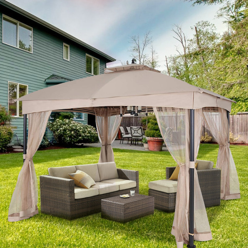 Beige 12 ft x 10 ft Metal Patio Gazebo with Mesh Sidewalls