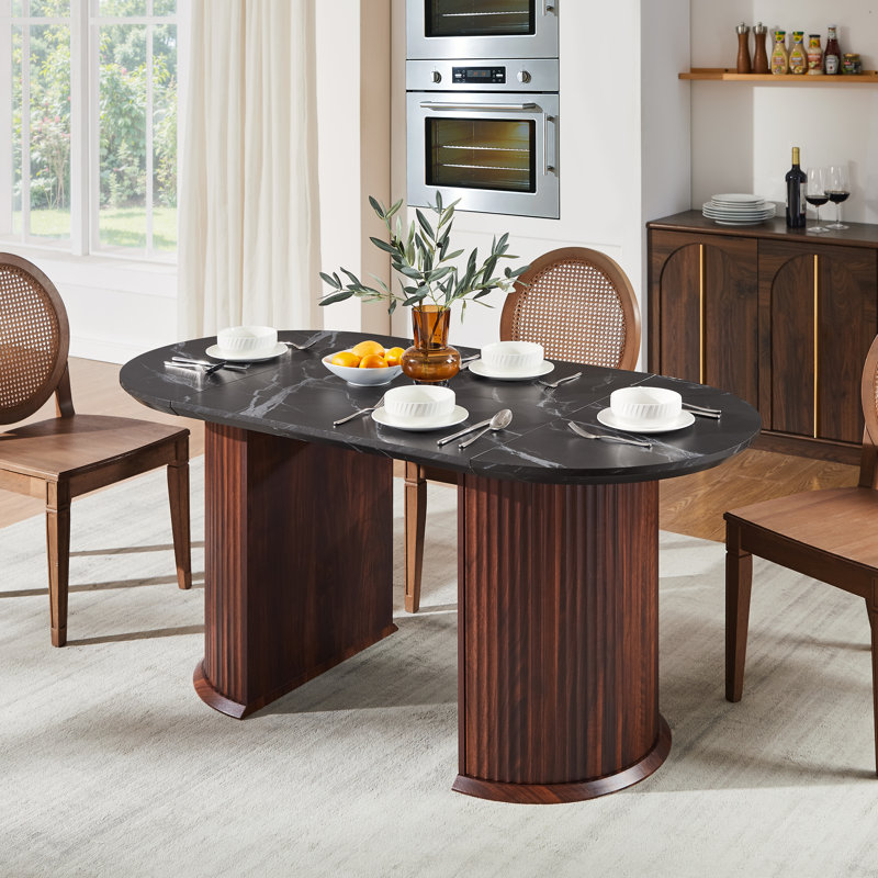 63" Fluted Oval Dining Table Double Pedestal Kitchen Table For 4-6 With Thickened Edge & Semi-cylindrical Base, Black/Walnut