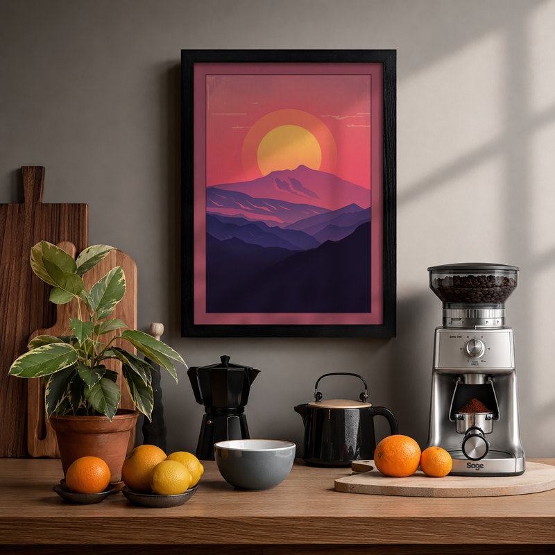 Mountains At Sunset Minimalist - Print, Black, A4 - 29.7 x 21.0 cm