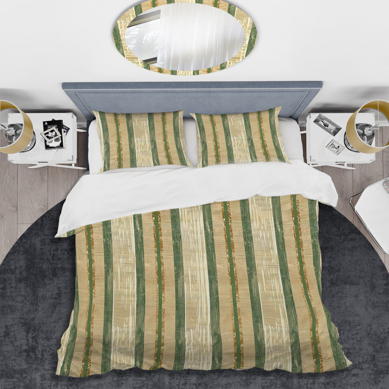 Ensemble de housse de couette à rayures dorées et vertes IV, Housse de couette pour grand lit + 2 taies décora