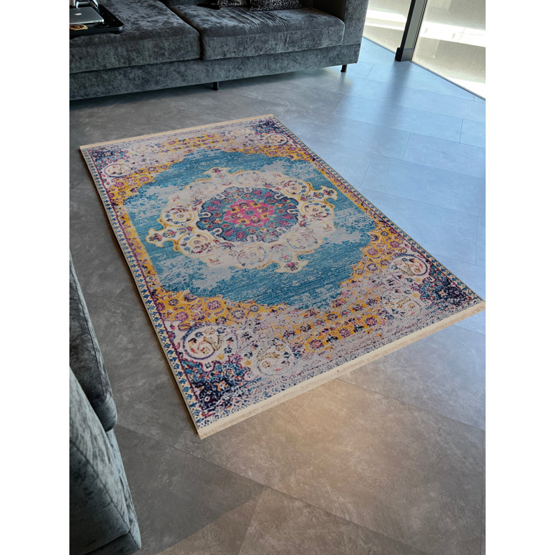 Tapis décoratif rétro à motif bleu et jaune, Tapis de couloir 3 pi 3,37 po x 9 pi 10,11 po
