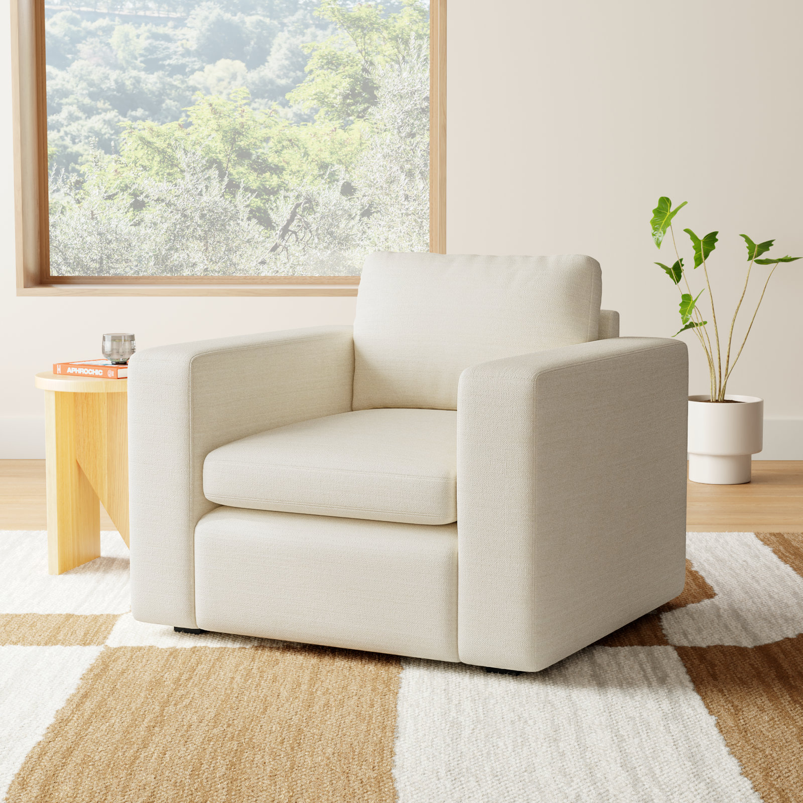 Benedict Oak Armchair, Cream Performance Basketweave