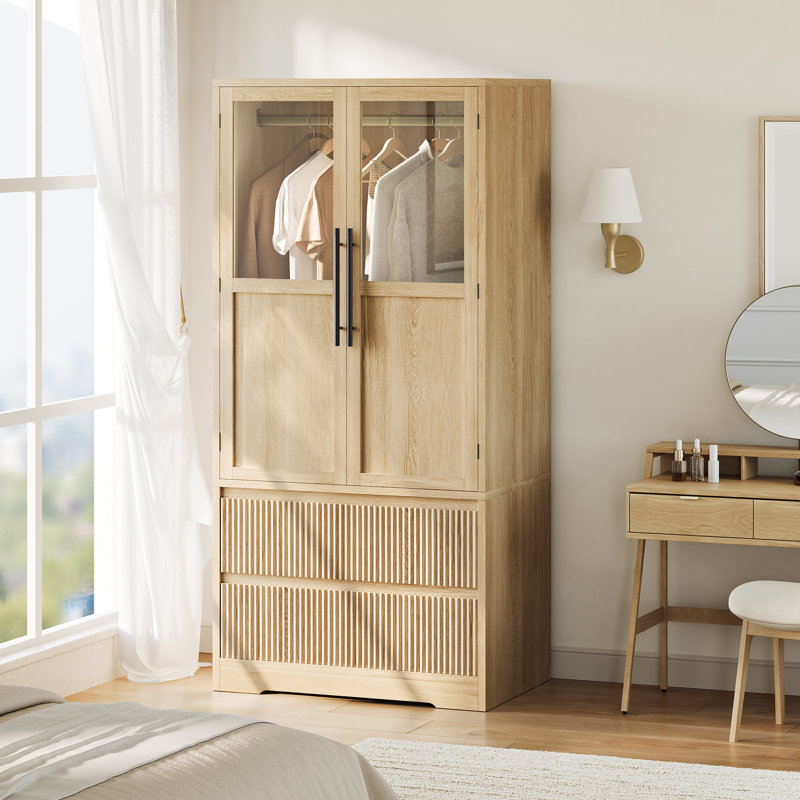 Armoire-penderie autoportante avec 2 tiroirs cannelés, tablettes et tringle, grande armoire de rangement en bois