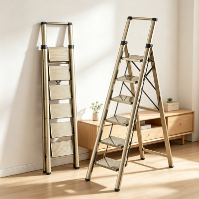 Tall 6 Step Ladder for Home, Lightweight Aluminum Step Stool with Wide Pedal, Folding Design with Anti-Slip Feet and Ergonomic Grip, Ideal for Ceiling, Closet, and Light Bulb Access