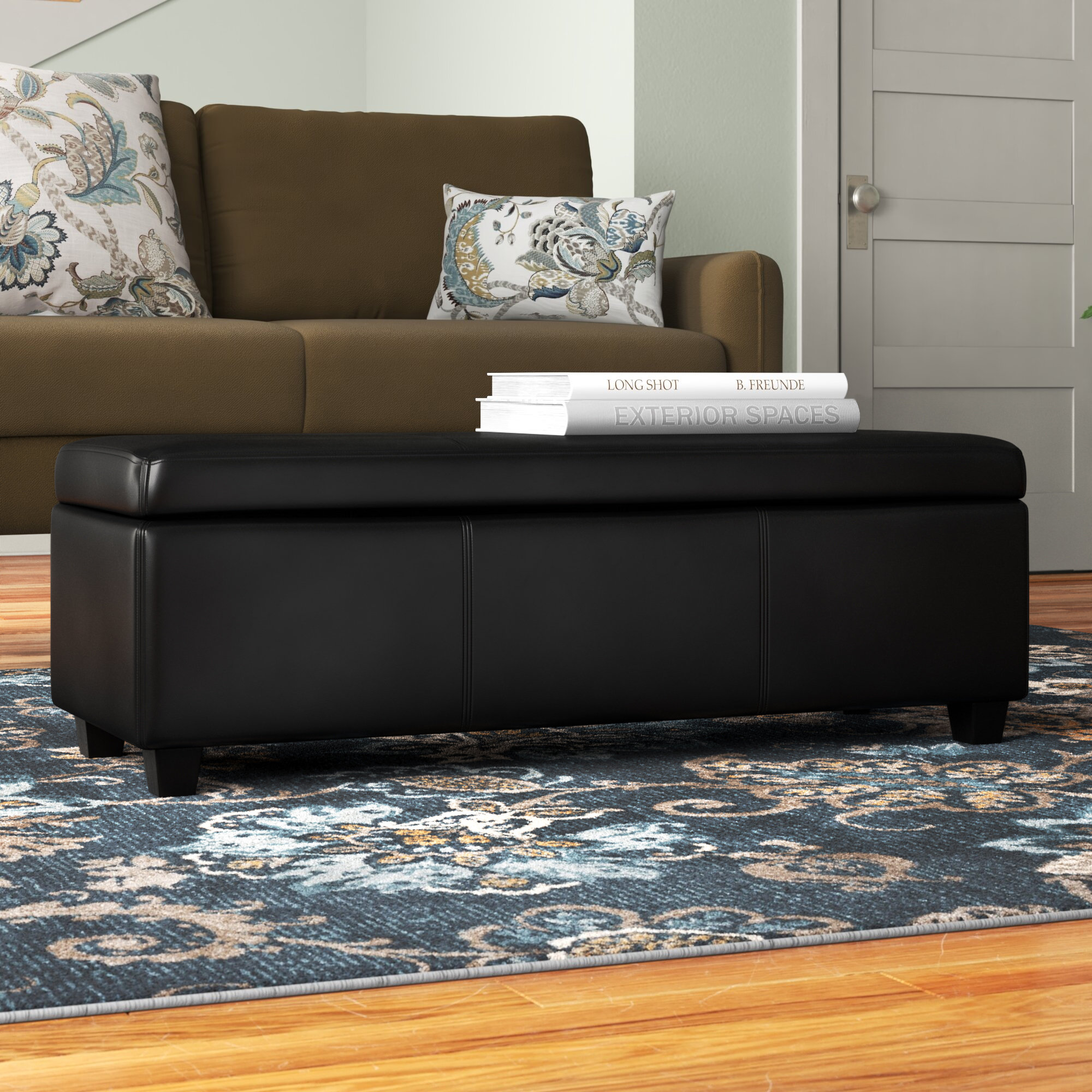 Simpli Home Owen Tray Top Small Coffee Table Storage Ottoman in Distressed Grey Faux Leather