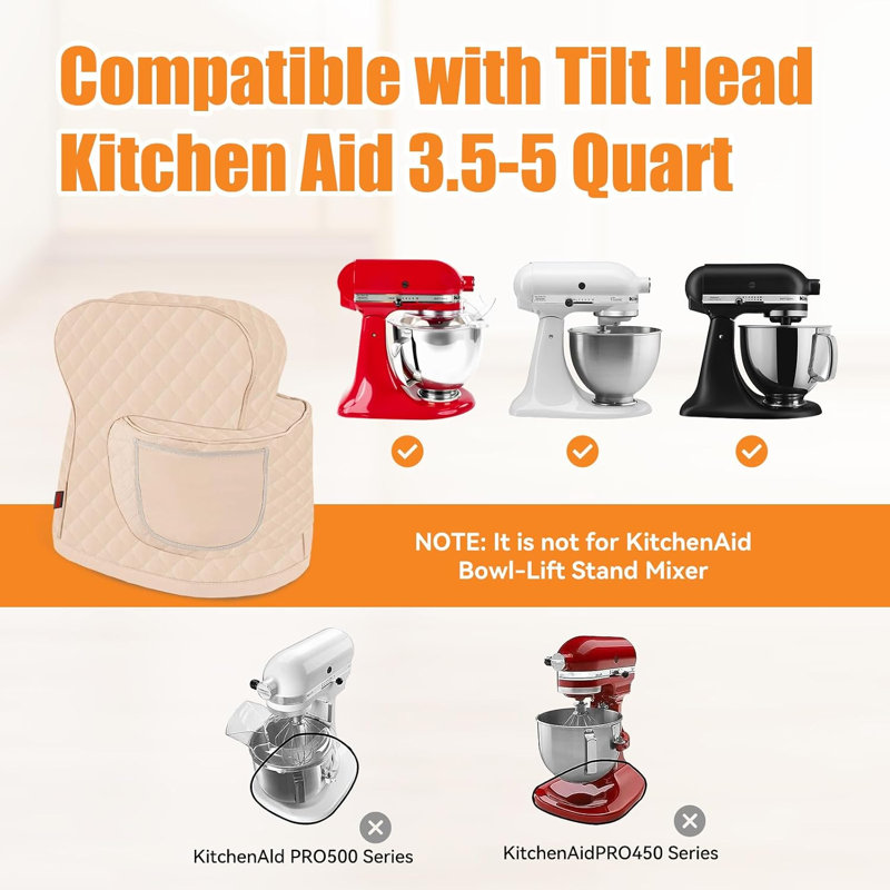 Housse pour robot pâtissier KitchenAid à tête inclinable de 3,5 à 5 litres, imperméable et matelassée, avec poche de rangement.