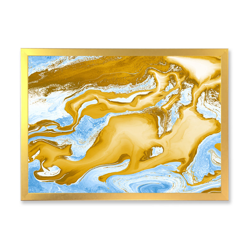 Vagues de marbre bleues et dorées - Peinture sur toile, H 24 po x l 32 po x P 1 po, Encadrement doré