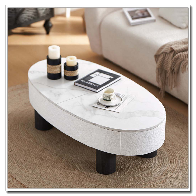 Table basse avec table basse avec plateau en faux marbre, table basse moderne Mid-Century avec tiroir caché et tiroir cannelé avec espace de rangement