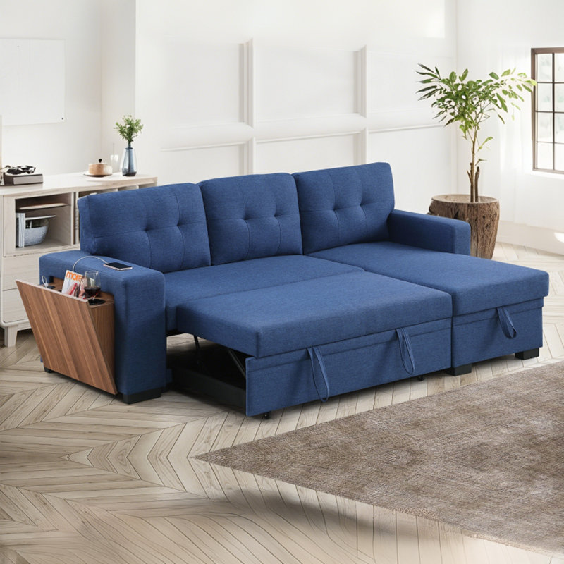 92" Modern Linen Pull Out Sectional Sofa With Storage Chaise,USB Port And Cup Holder, Blue Linen