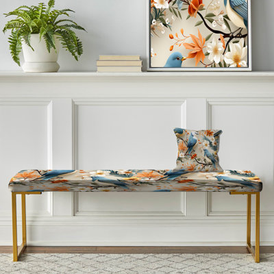 Blue And Beige Birds On Branch Collage - Floral Upholstered Gold Bench