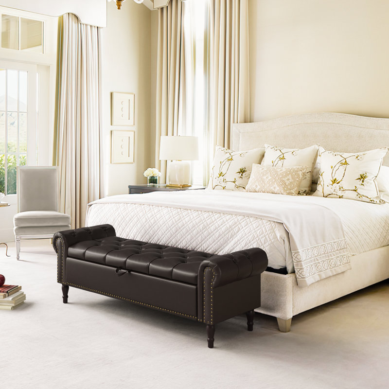 Banc de rangement rembourré Dawsey, H 20,7 po x l 62,4 po x P 20,1 po, Simili cuir brun foncé