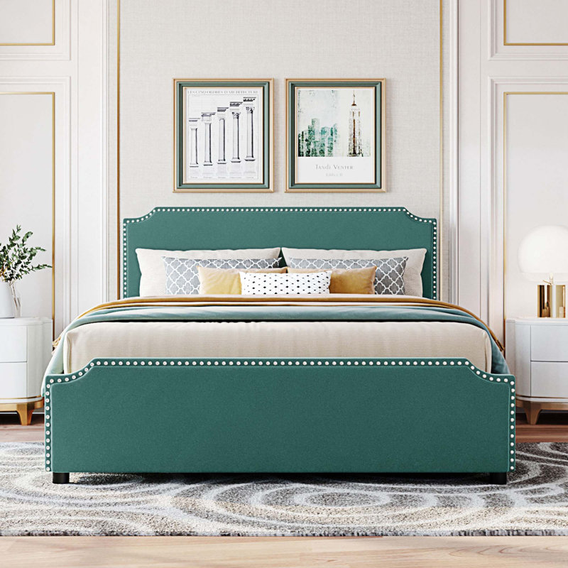 Grand lit plateforme de rangement tapissier, Vert
