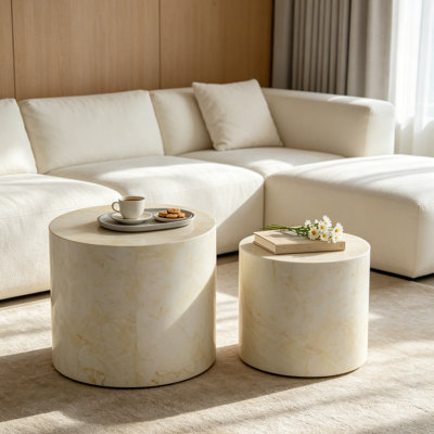 Ensemble de 2 tables basses gigognes, table d'appoint ronde en bois, table ronde décorative moderne pour petits espaces, meubles de chambre à coucher, brun