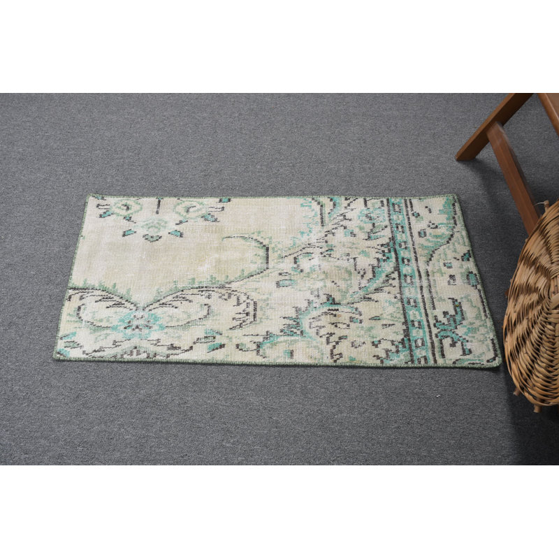 Tapis turc-anatolien vert fait à la main idéal pour les tapis de voiture et les décorations murales avec attrait rétro et petit format