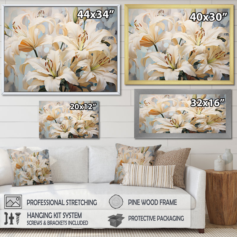 «Beige et jaune Pure Lily Beauty Whispers III», reproduction sur toile, Cadre simple blanc, H 34 po x l 44 po x P 1,5 po