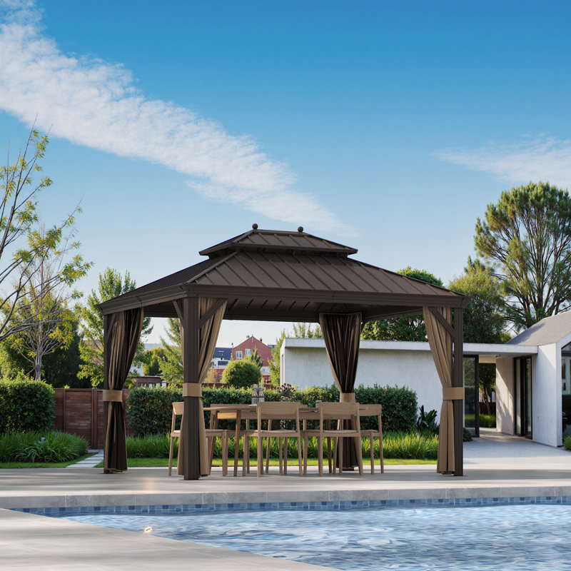 10X12FT Outdoor Hardtop Gazebo with Double Galvanized Steel Roof, Built-In Hooks & Anchored Base for Garden, Patio & Backyard