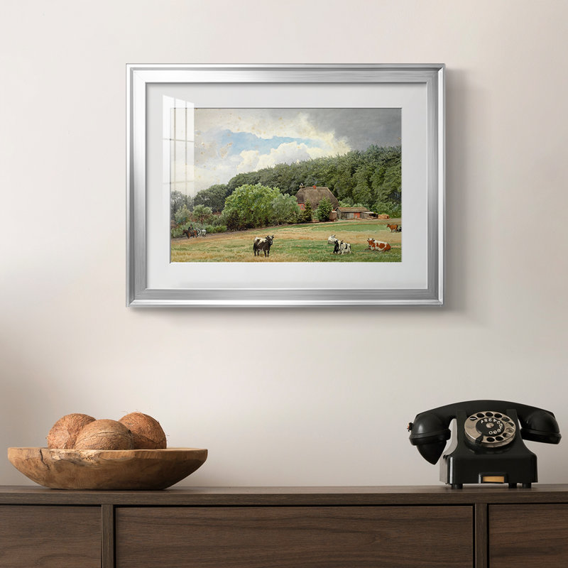 Paysage avec vaches et une ferme - Hans Gude - reproduction encadrée avec passe-partout et verre-c. Fin du 19e siècle, Argent
