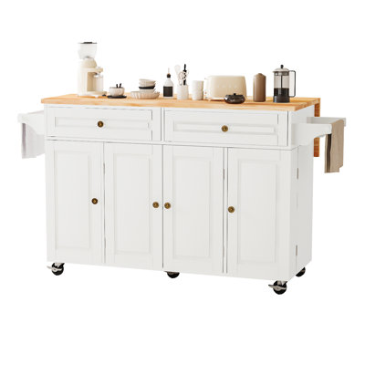 67" Kitchen Island W/sliding Drop Leaf And Drawers & Adjustable Shelves, Rolling Mobile Island Table With /spice Rack & Towel Rack & Drawers For Dinin by Winston Porter