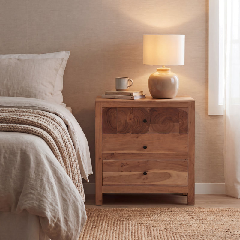 Solid Acacia Wood Tree Trunk 3-Drawer Nightstand