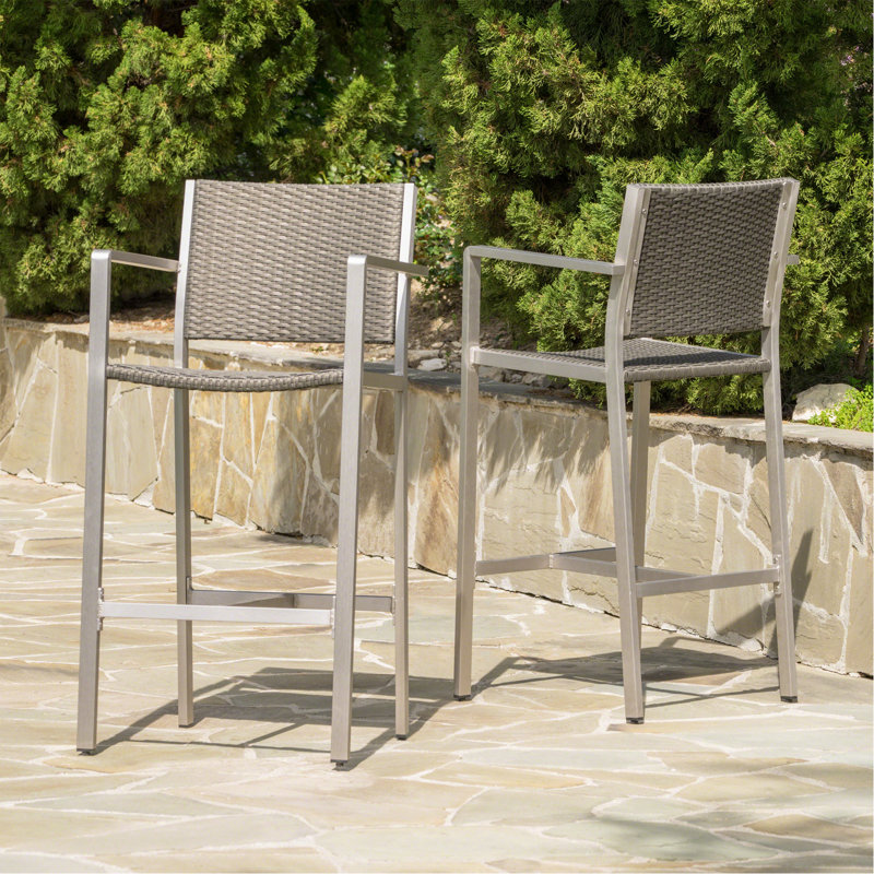 Outdoor 29.50" Rust-Proof Aluminum Barstools With PE Rattan Seat And Backrest, Set Of 2, Silver & Grey, Black