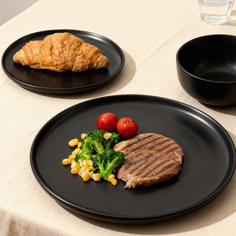 12 Pieces Dinnerware Sets, 12-piece Kitchen Plates And Bowls Sets, Black, Black