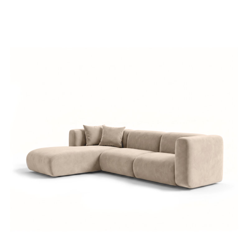 Modern Curved Velvet Corner Sofa with Chaise Lounge – Cream Beige Upholstered Modular Couch