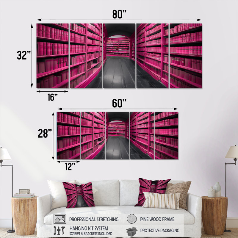 «Pink Grey», bibliothèque, bibliothèque, perspective, ensemble d'art sur toile, H 32 po x l 80 po