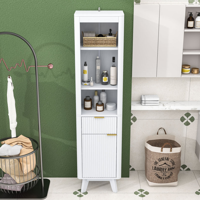 Grande armoire de rangement autoportante pour salle de bain avec tablettes réglables, conception anti-basculement et tiroir cannelé