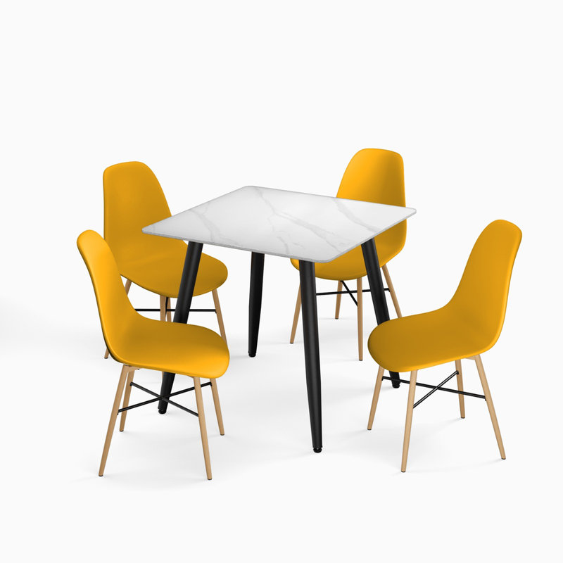 4 -Person Dining Set, White Matt, Yellow