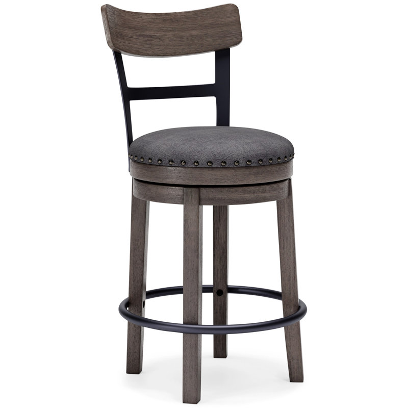  Tabouret de bar gris pivotant rembourré avec dossier en bois massif de 37,25 po de hauteur