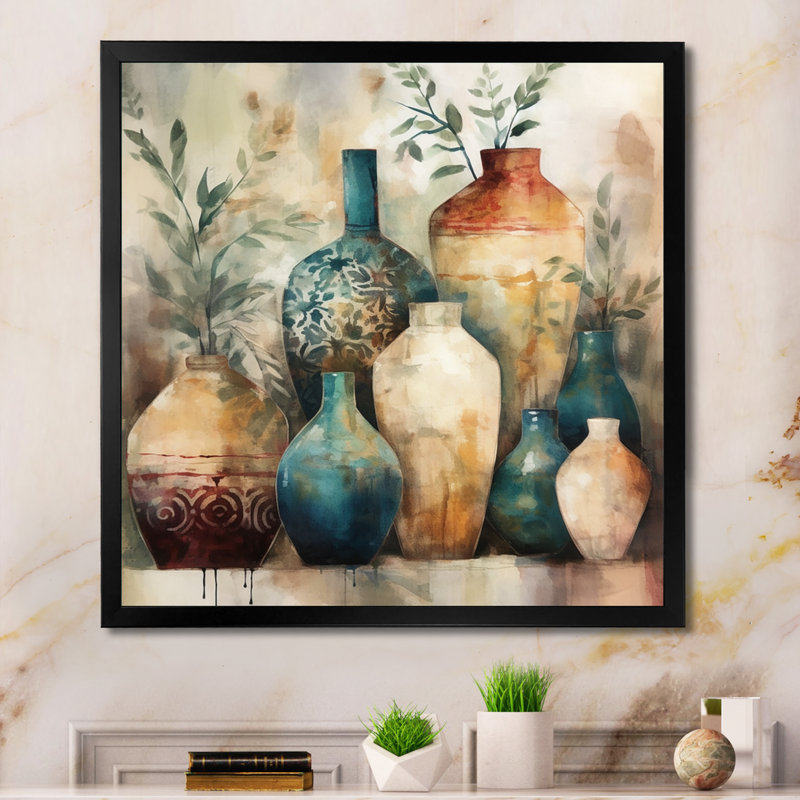 Poterie artisanale verte et orange Kingsfield I - Boho Pottery, reproduction d'art encadrée, H 36 po x l 36 po, Noir