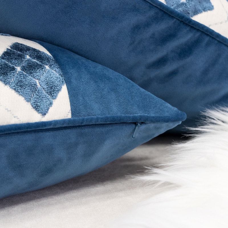 Geometric Velvet Throw Pillow, Blue/White