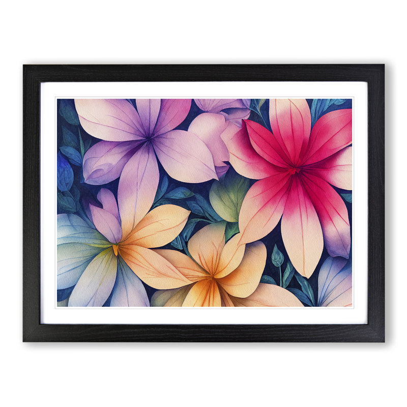 Exquisite Watercolour Flowers - Single Picture Frame Print, 46cm H x 64cm W x 2cm D, Black Framed