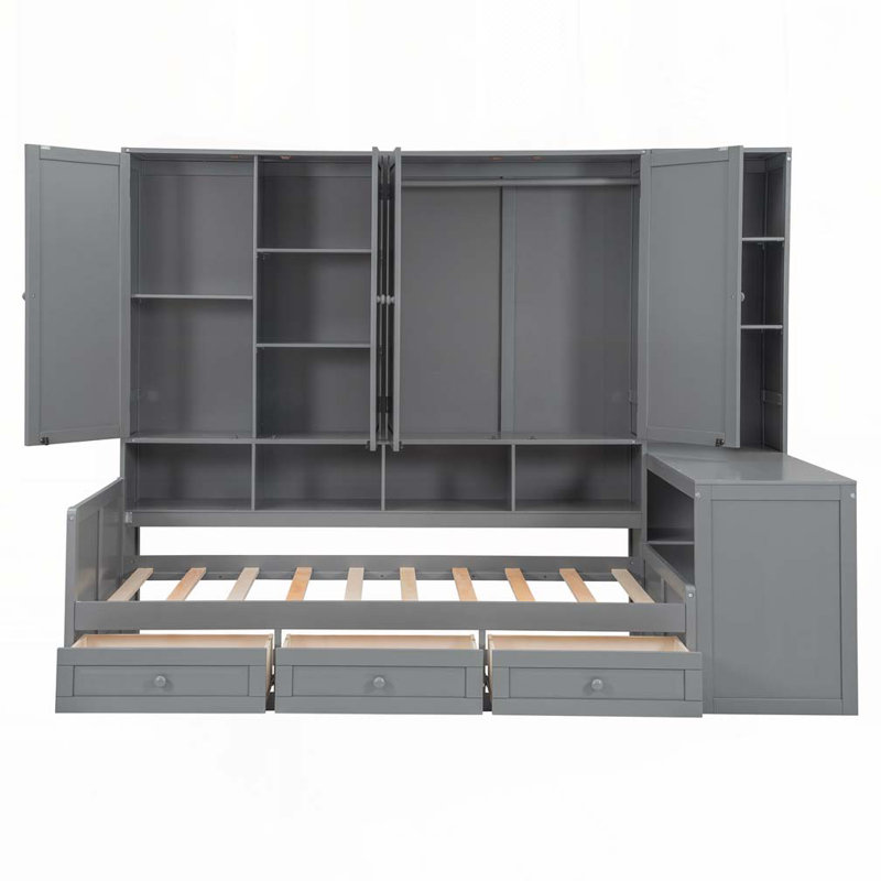 Wood Storage Daybed Frame With 3 Drawers,All-in-One Cabinet, Desk and Shelves, Gray, Twin