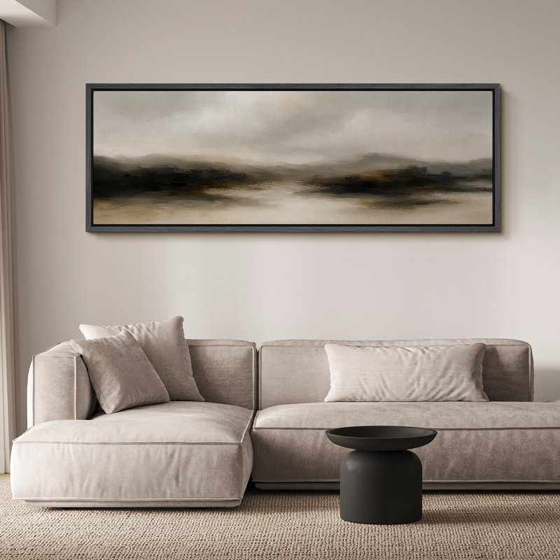 Large Framed Canvas Print Wall Art - Neutral Abstract Landscape Print for Minimalist Modern Wall Decor, 20" H x 60" W, Black