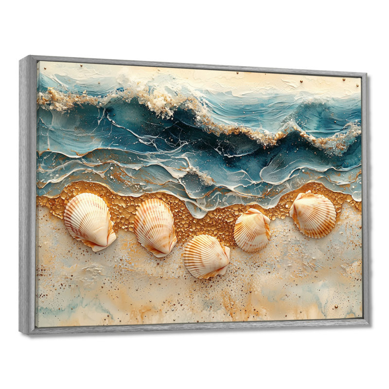 Coquillage et plage marbrée paysage III - art mural bord de mer, H 30 po x l 40 po, Cadre flottant, Argent argent
