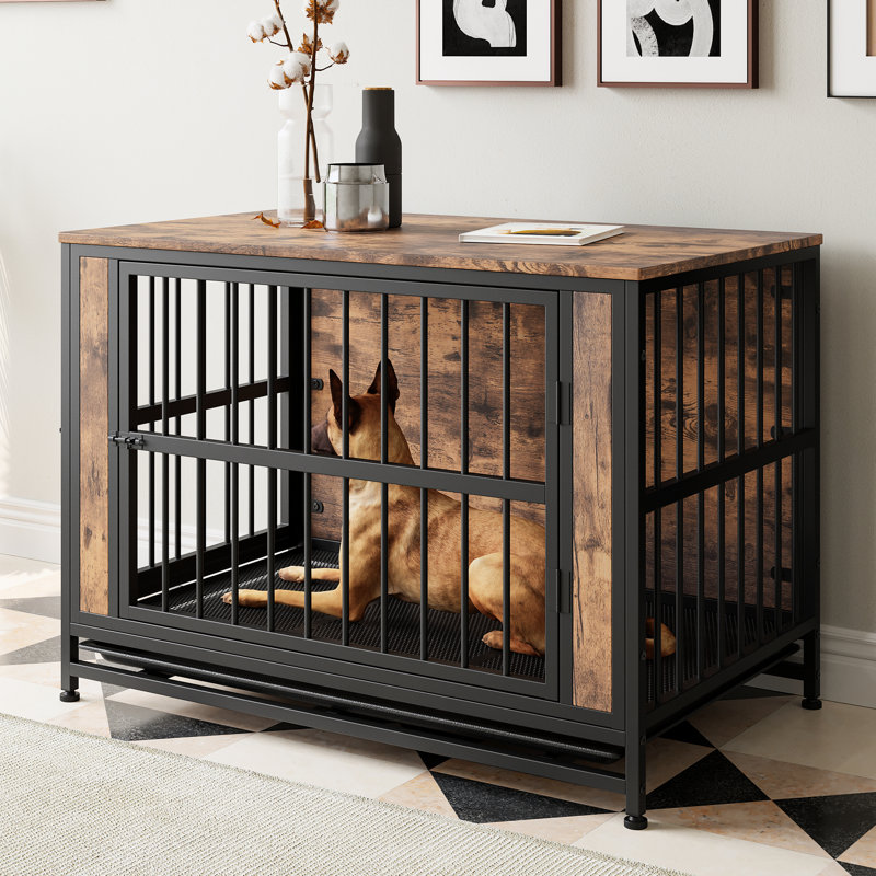 Cage décorative rustique pour animaux de compagnie, cage pour chien 38,9 po avec 2 portes coulissantes et cadre en fer épais
