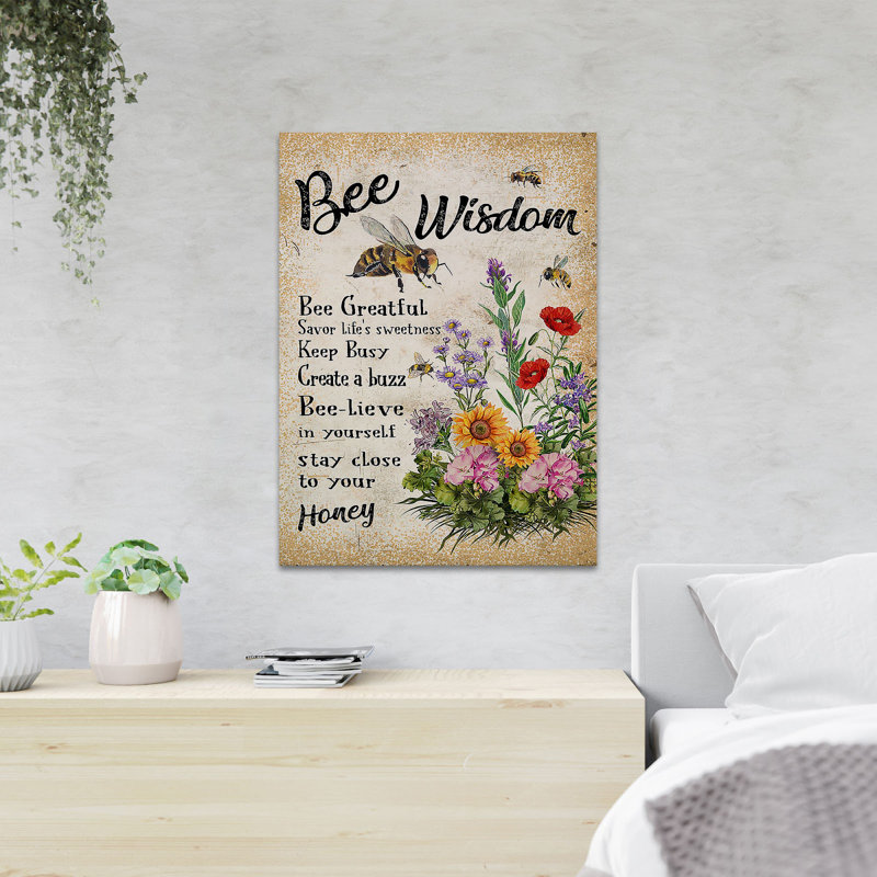 «Bee And Flowers - Bee Grateful…», reproduction d'art graphique sur toile tendue, H 14 po x l 11 po x P 2 po