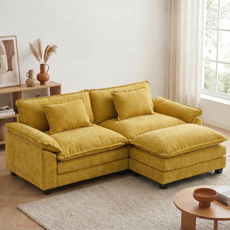 Canapé modulaire moderne à 3 places en L 86 po avec repose-pieds amovible, Chenille jaune