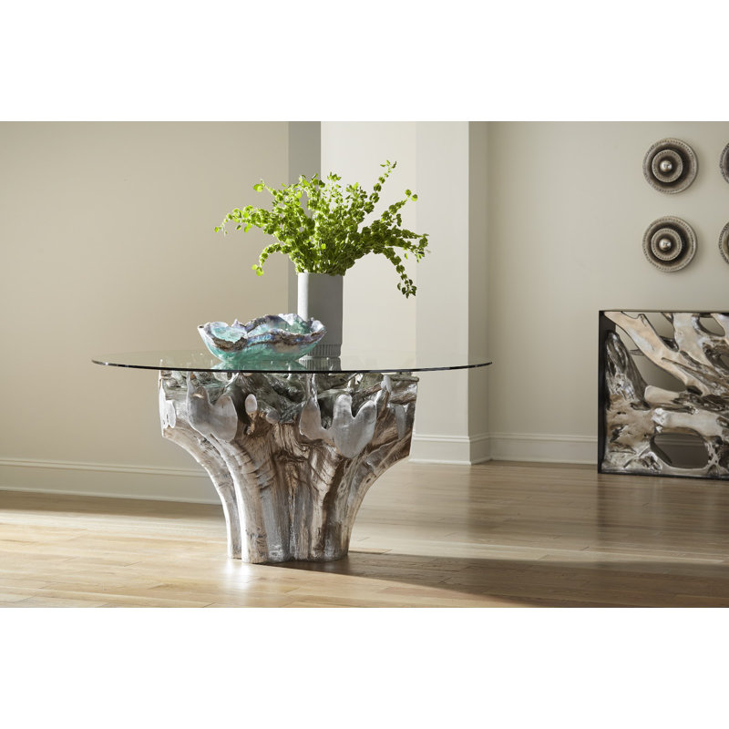 Silver Leaf Finish Round Glass Dining Table with Root Base
