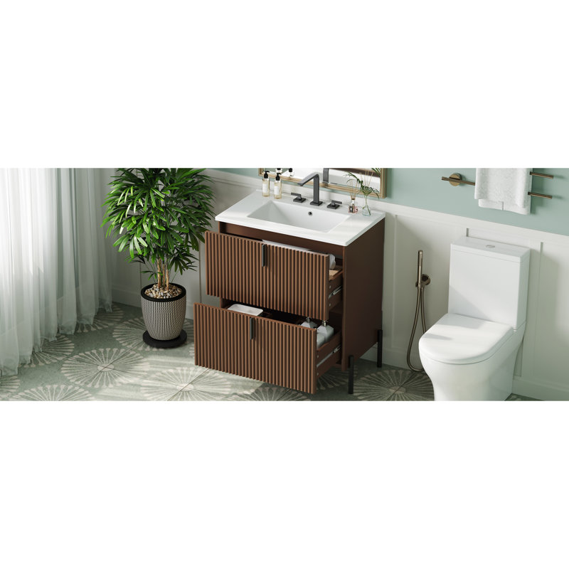 Meuble-lavabo en céramique brun foncé de 30 po, tiroirs à extension, fonction de fermeture en douceur, aspect cannelé fabriqué à la main pour les espaces de bain décontractés avec lavabo, glissières de tiroir, abat-jour brun, double organisation