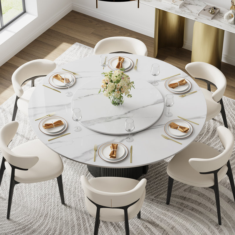 59.08'' Round Dining Table Marble Top with Rotating Turntable, White Circle Dining Table with Black Stainless Steel Base