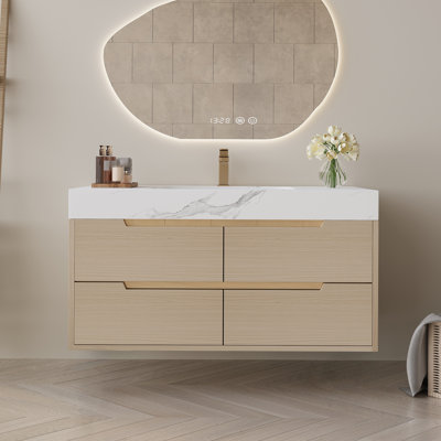 Meuble-lavabo moderne de 35,4 po avec lavabo sous comptoir, plateau en pierre frittée, bois massif multicouche imperméable, rangement à 4 tiroirs, autoportant / mural