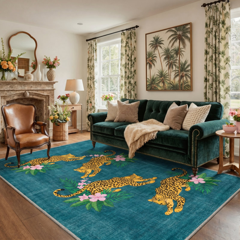Abraham Tropique Tropical Machine Washable Blue / Green Indoor Area Rug with Non-Slip Backing, Rectangle 6' x 9'